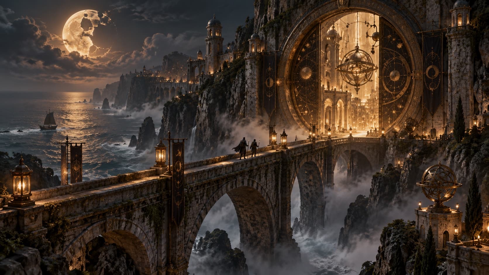 An original fantasy observatory gate above a misty sea