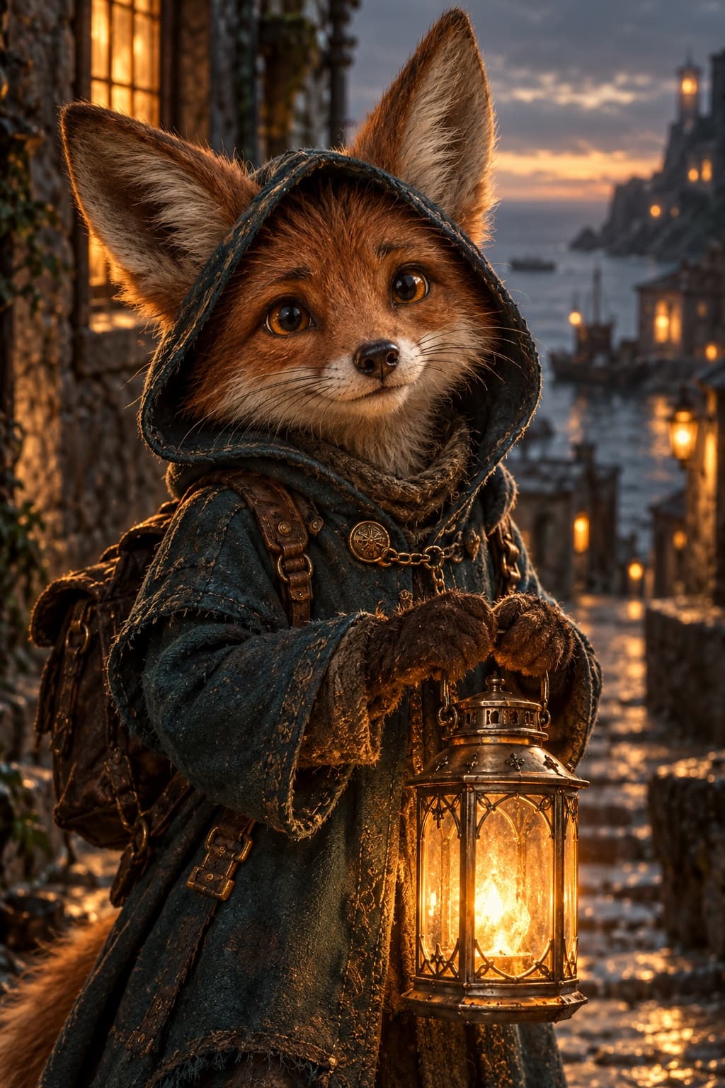 An original fox-like lantern courier in a cinematic coastal alley