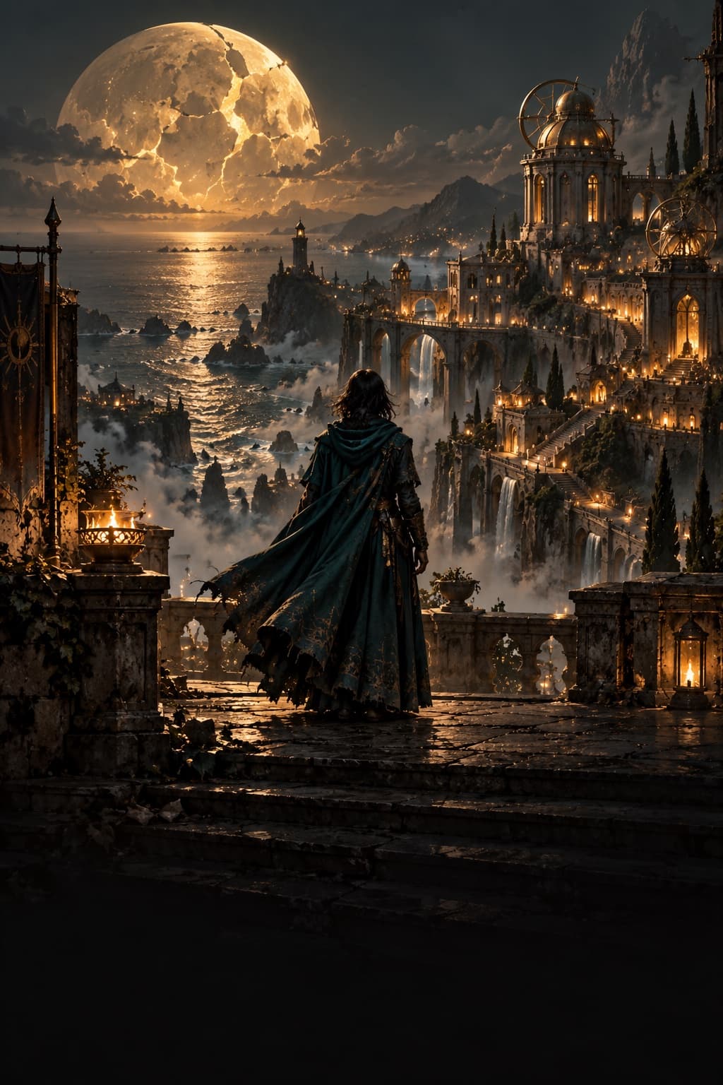 A traveler overlooking a lantern-lit coastal city beneath a fractured moon